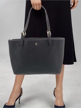 Tory Burch Black Leather Double-Handle Tote with Gold Logo